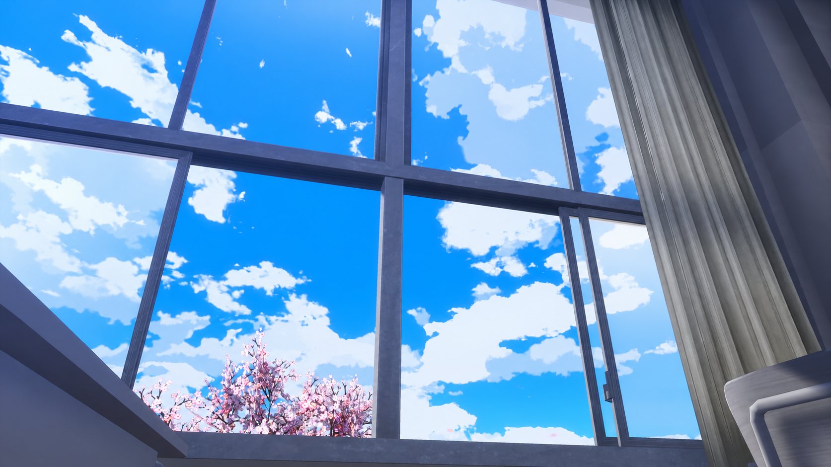 蓝天与樱花映照的窗景